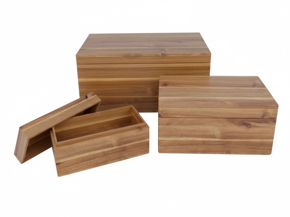 Premium Acacia Wood Lidded Storage Boxes - Set of 3 for Home & Office